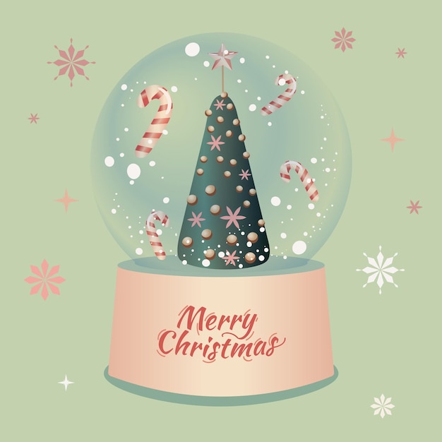 Feliz año nuevo y feliz navidad banner bola de nieve navideña con árbol y globo de nieve de cristal con bastón de caramelo