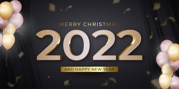 Feliz año nuevo y feliz navidad banner con confeti sobre fondo oscuro