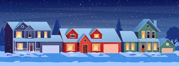 Feliz año nuevo y feliz Navidad calle de la ciudad de invierno. panorama de la ciudad de la ciudad de navidad. Santa Claus con ciervos. Ilustración de vector de estilo plano