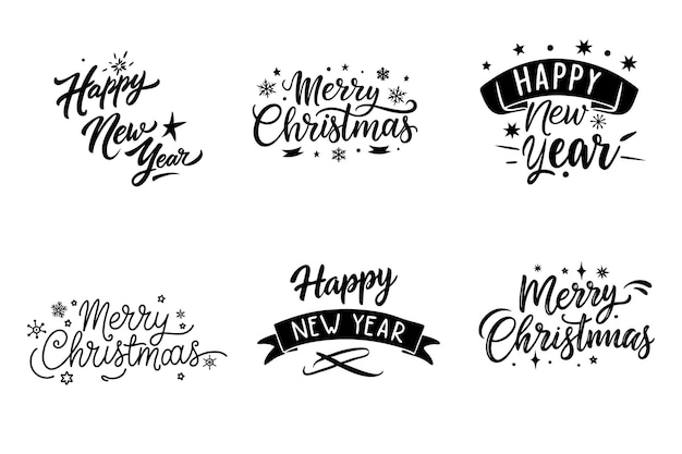 Feliz año nuevo y Feliz Navidad Conjunto tipográfico Diseño vectorial para camiseta