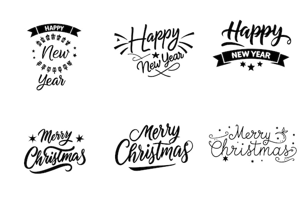 Feliz año nuevo y Feliz Navidad Conjunto tipográfico Diseño vectorial para camiseta
