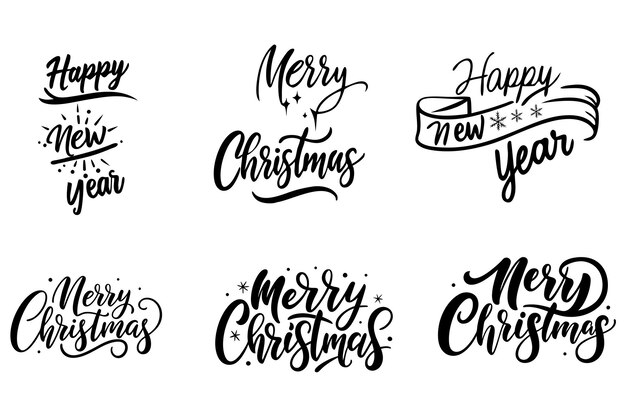 Feliz año nuevo y Feliz Navidad Conjunto tipográfico Diseño vectorial para camiseta