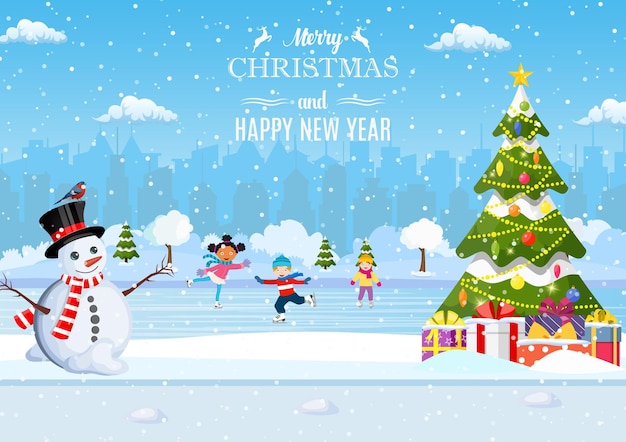 Feliz año nuevo y feliz Navidad diseño de tarjeta de paisaje con árbol de Navidad Escena de invierno con niños patinando Niños niño y niña en la pista de patinaje sobre hielo de invierno ilustración vectorial