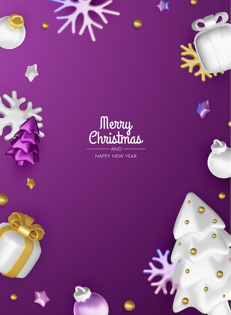 Feliz Año Nuevo y Feliz Navidad Fondo de vacaciones de Navidad con objetos 3D realistas bolas de bauble estrellas de metal cónicas Levitación caída composición de diseño