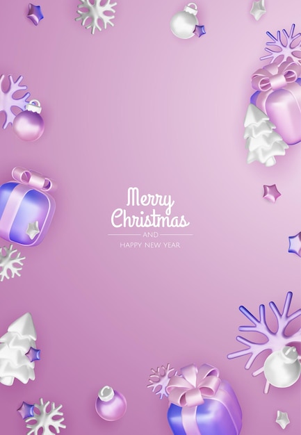 Feliz Año Nuevo y Feliz Navidad Fondo de vacaciones de Navidad con objetos 3D realistas bolas de bauble estrellas de metal cónicas Levitación caída composición de diseño