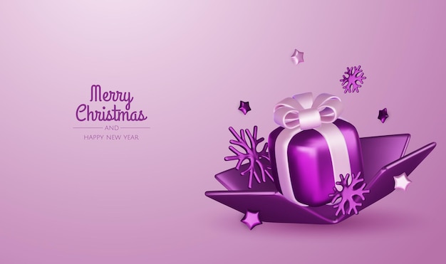 Feliz Año Nuevo y Feliz Navidad Fondo de vacaciones de Navidad con objetos 3D realistas bolas de bauble violetas y blancas estrellas de metal cónicas regalo Levitación caída composición de diseño