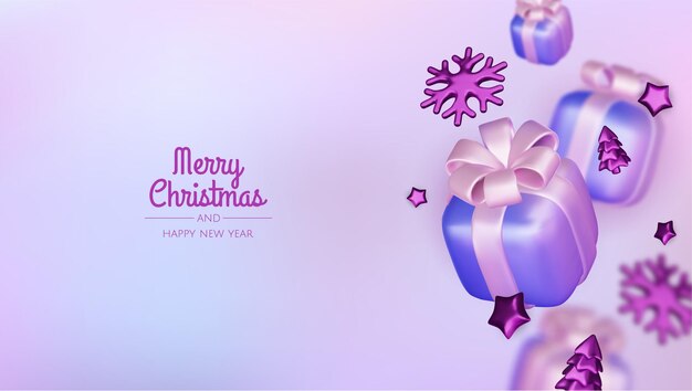 Feliz Año Nuevo y Feliz Navidad Fondo de vacaciones de Navidad con objetos 3D realistas bolas de bauble violetas y blancas estrellas de metal cónicas regalo Levitación caída composición de diseño