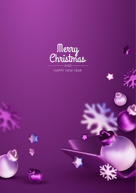 Feliz Año Nuevo y Feliz Navidad Fondo de vacaciones de Navidad con objetos 3D realistas bolas de bauble violetas y blancas estrellas de metal cónicas regalo Levitación caída composición de diseño