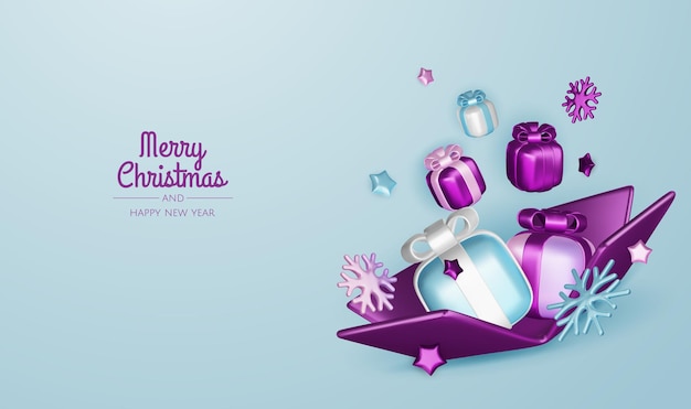 Feliz Año Nuevo y Feliz Navidad Fondo de vacaciones de Navidad con objetos 3D realistas bolas de bauble violetas y blancas estrellas de metal cónicas regalo Levitación caída composición de diseño