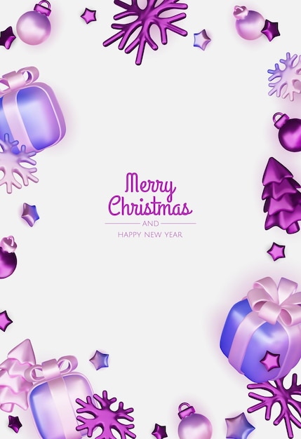 Feliz Año Nuevo y Feliz Navidad Fondo de vacaciones de Navidad con objetos 3D realistas bolas de bauble violetas y blancas estrellas de metal cónicas regalo Levitación caída composición de diseño