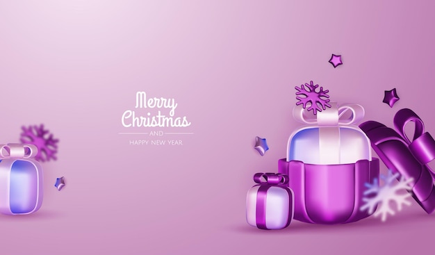 Feliz Año Nuevo y Feliz Navidad Fondo de vacaciones de Navidad con objetos 3D realistas bolas de bauble violetas y blancas estrellas de metal cónicas regalo Levitación caída composición de diseño