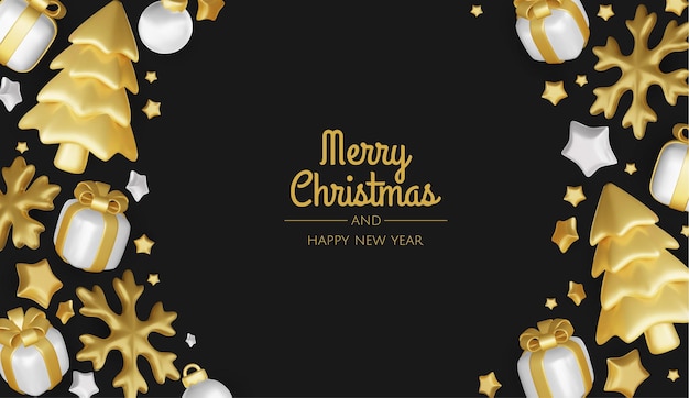 Feliz Año Nuevo y Feliz Navidad Fondo de vacaciones de Navidad con objetos 3D realistas bolas de Navidad estrellas de metal caja de regalos de copos de nieve
