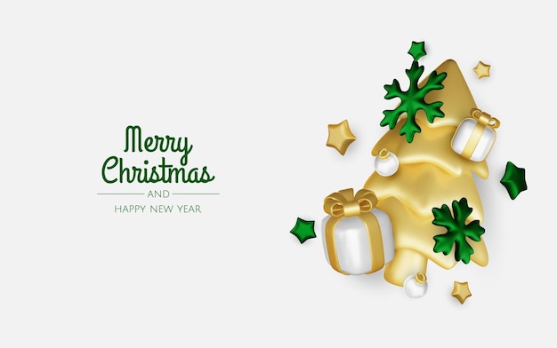 Feliz Año Nuevo y Feliz Navidad Fondo de vacaciones de Navidad con objetos 3D realistas bolas de Navidad estrellas de metal caja de regalos de copos de nieve