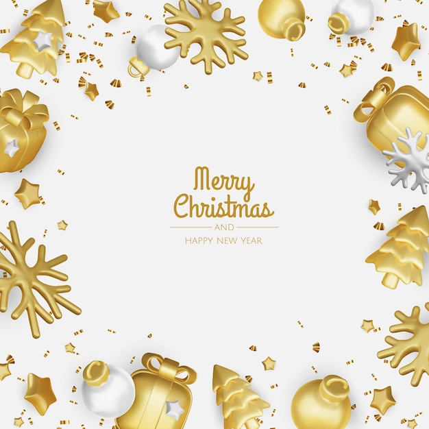 Feliz Año Nuevo y Feliz Navidad Fondo de vacaciones de Navidad con objetos 3D realistas bolas de oro y azules estrellas de metal cónicas Levitación caída composición de diseño