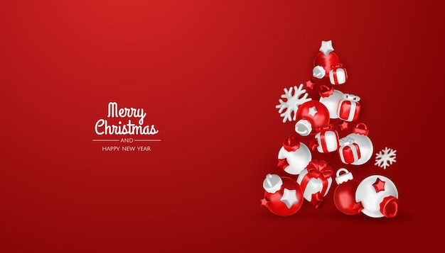 Feliz año nuevo y feliz Navidad Navidad fondo de vacaciones con objetos 3D realistas bauble