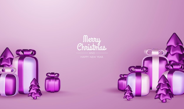 Feliz año nuevo y Feliz Navidad Navidad fondo de vacaciones con objetos d realistas violeta y