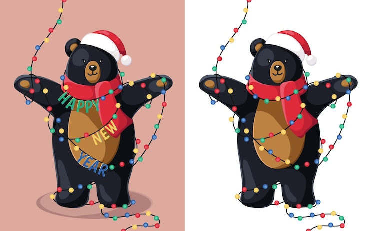 Vector feliz año nuevo y feliz navidad. oso negro de navidad con año nuevo. ilustración con navidad