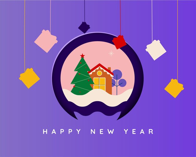Feliz año nuevo y feliz navidad papel cortado plano diseño de ilustración vectorial de paisaje de invierno