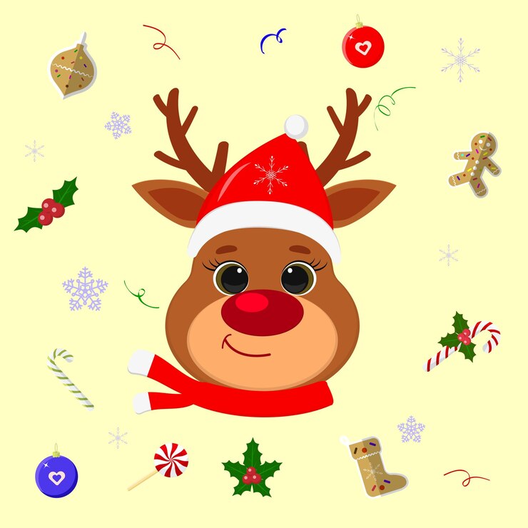 Feliz Año Nuevo y Feliz Navidad Reno de cabeza linda con sombrero y bufanda de Papá Noel telón de fondo con elementos navideños piruleta pan de jengibre galleta copo de nieve confeti vector de estilo plano de dibujos animados