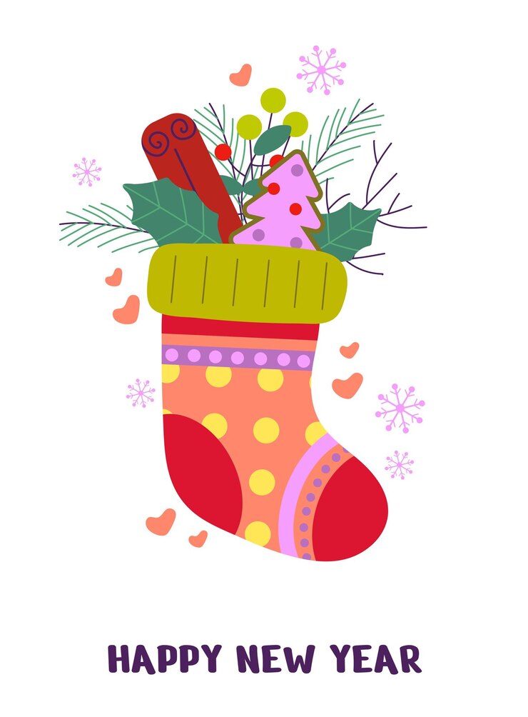 Vector feliz año nuevo y feliz navidad tarjeta de felicitación con calcetines y ramas de decoración copos de nieve cajas de regalo hojas de canela