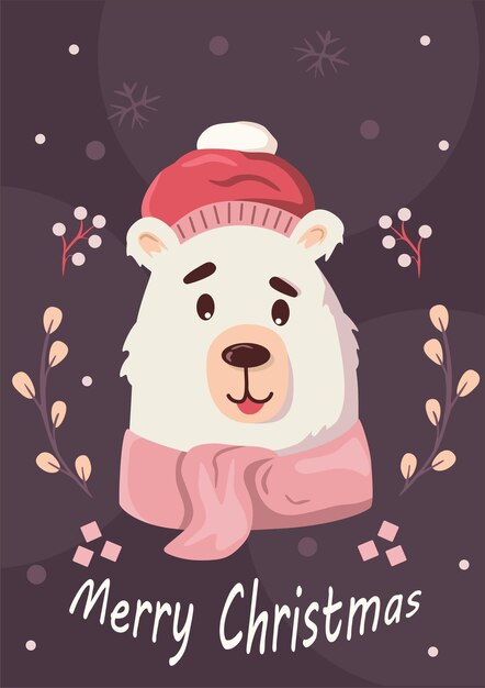 Feliz año nuevo y feliz navidad tarjeta de felicitación con un lindo oso de peluche ilustración vectorial de stock