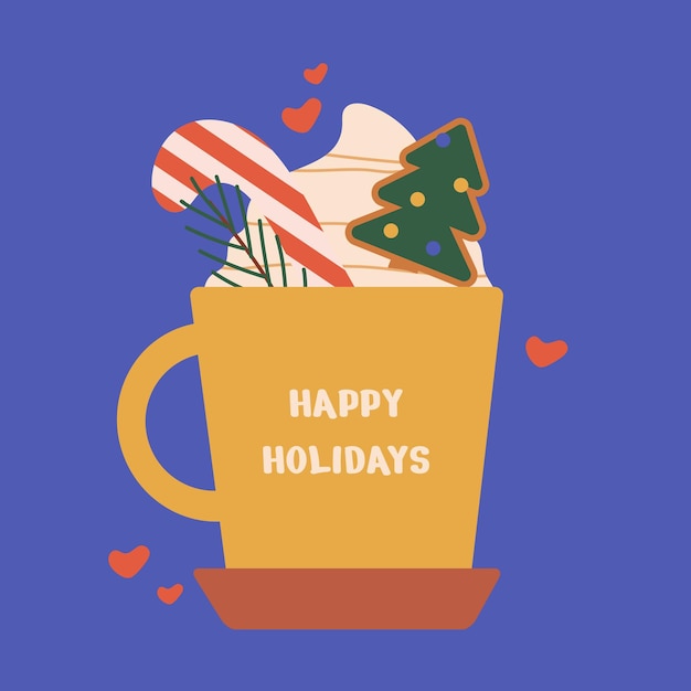 Vector feliz año nuevo y feliz navidad tarjeta de felicitación con una taza y elementos ramas de crema galletas árbol de navidad