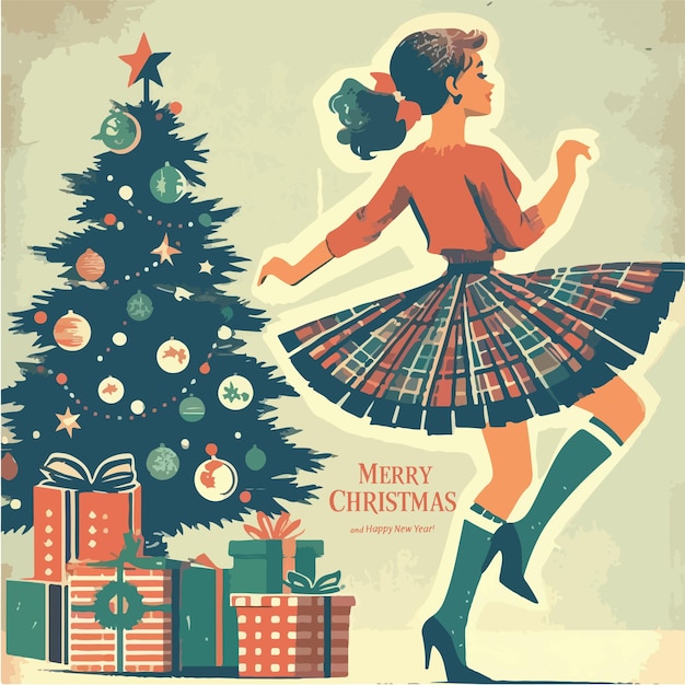 Feliz año nuevo y feliz Navidad tarjeta linda ilustración vectorial de una niña decorando la Navidad