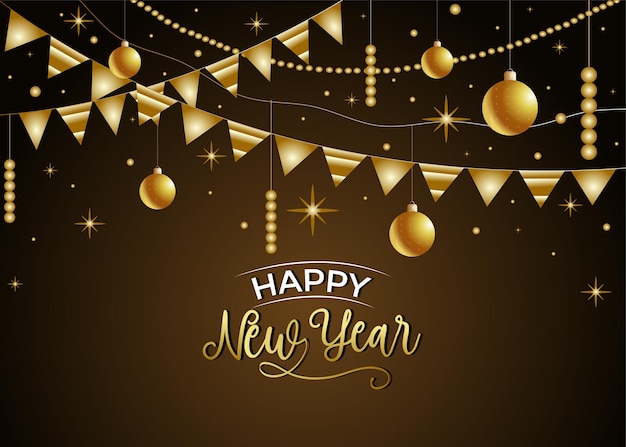 Feliz Año Nuevo y Feliz Navidad Tarjeta vectorial con ornamentación dorada en 3D estrellas y confeti