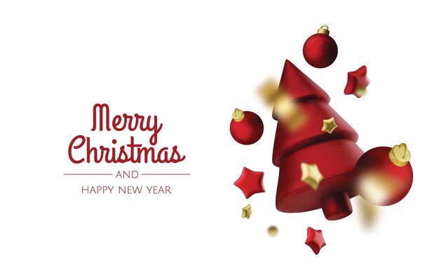 Feliz Año Nuevo y Feliz Navidad Telón de fondo de vacaciones de Navidad con objetos 3D realistas bolas de oro y rojo conicas estrellas de metal Levitación caída composición de diseño