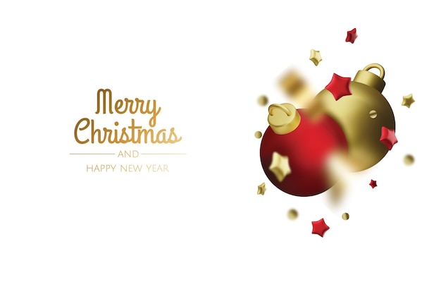 Feliz Año Nuevo y Feliz Navidad Telón de fondo de vacaciones de Navidad con objetos 3D realistas bolas de oro y rojo conicas estrellas de metal Levitación caída composición de diseño