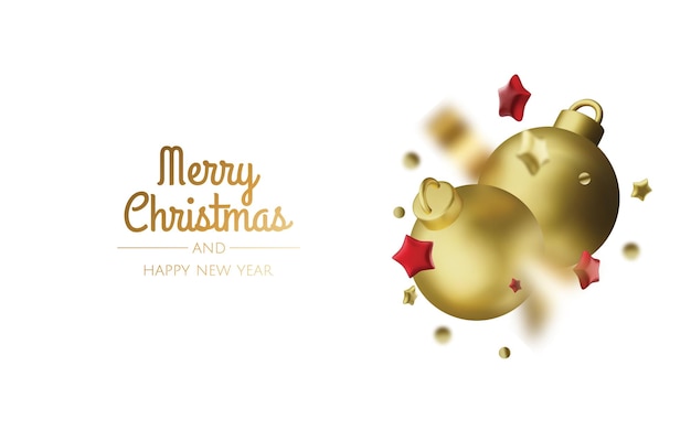 Feliz Año Nuevo y Feliz Navidad Telón de fondo de vacaciones de Navidad con objetos 3D realistas bolas de oro y rojo conicas estrellas de metal Levitación caída composición de diseño