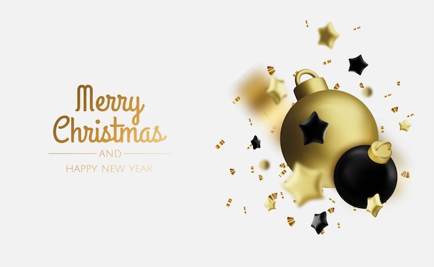 Feliz Año Nuevo y Feliz Navidad Telón de fondo de vacaciones de Navidad con objetos 3D realistas bolas de oro y rojo conicas estrellas de metal Levitación caída composición de diseño