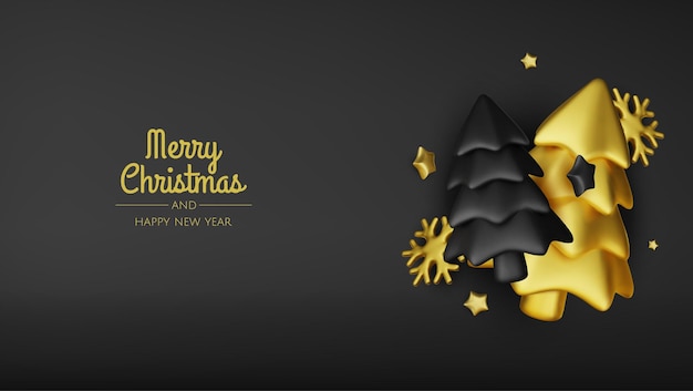 Feliz Año Nuevo y Feliz Navidad Telón de fondo de vacaciones de Navidad con objetos 3D realistas bolas de oro y rojo conicas estrellas de metal Levitación caída composición de diseño