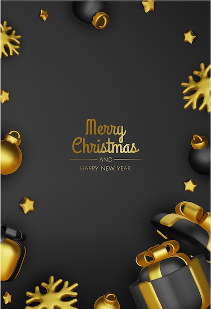 Feliz Año Nuevo y Feliz Navidad Telón de fondo de vacaciones de Navidad con objetos 3D realistas bolas de oro y rojo conicas estrellas de metal Levitación caída composición de diseño