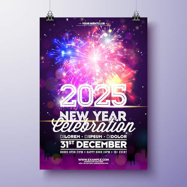 Feliz año nuevo fiesta celebración cartel plantilla ilustración con tipografía letras en brillante