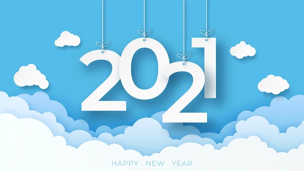 Feliz año nuevo fondo de decoración con ilustración vectorial de arte de papel nube