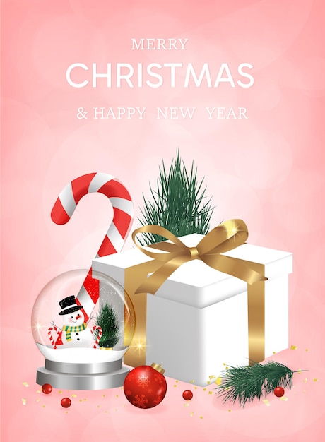 Feliz año nuevo de fondo transparentes bolas de Navidad con estrella y caja de regalos salpicados de nieve en