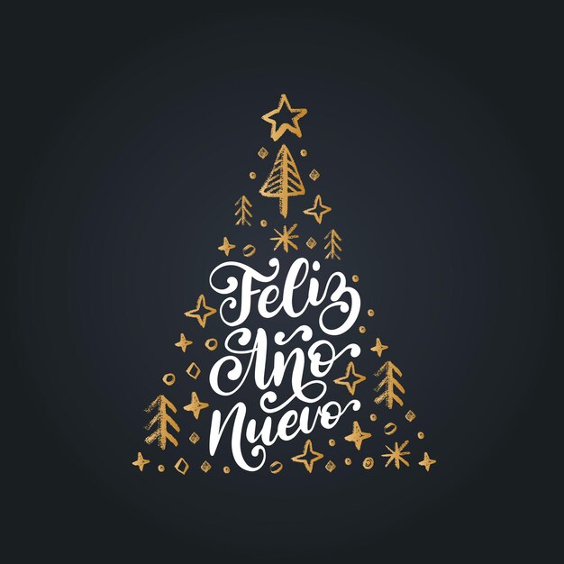 Feliz año nuevo, frase manuscrita, traducida del español feliz año nuevo. Vector ilustración de abeto de Navidad.