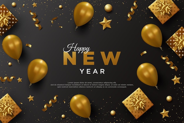 Feliz año nuevo con ilustración de globo dorado y caja de regalo dorada