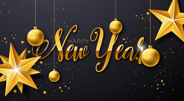 feliz año nuevo ilustración con tipografía dorada letras bola de Navidad y estrella en negro