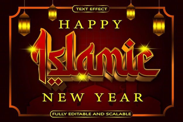 Feliz Año Nuevo Islámico Efecto de Texto Editable 3 Dimensión Relieve Estilo Moderno