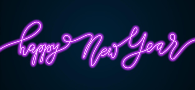 Vector feliz año nuevo letras de neón. tarjeta de felicitación navideña o plantilla de diseño de banner con letrero dibujado a mano de iluminación. feliz año 2022 clip art. ilustración vectorial