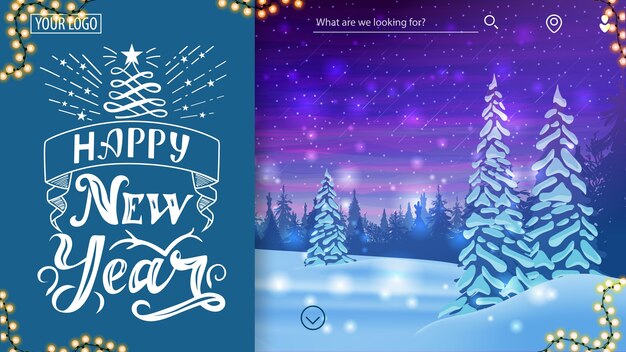 Feliz año nuevo, letras de saludo con paisaje invernal con pinos nevados