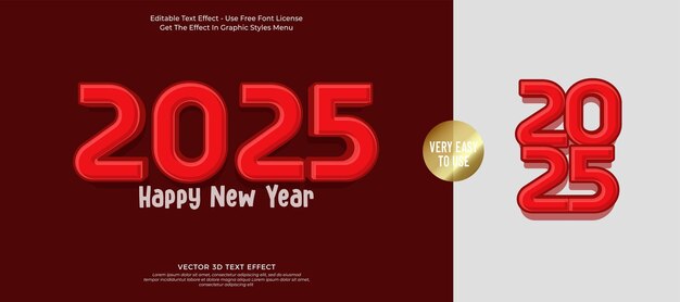 Feliz año nuevo logotipo vectorial 2025 efecto de texto con fuente 3d de estilo rojo