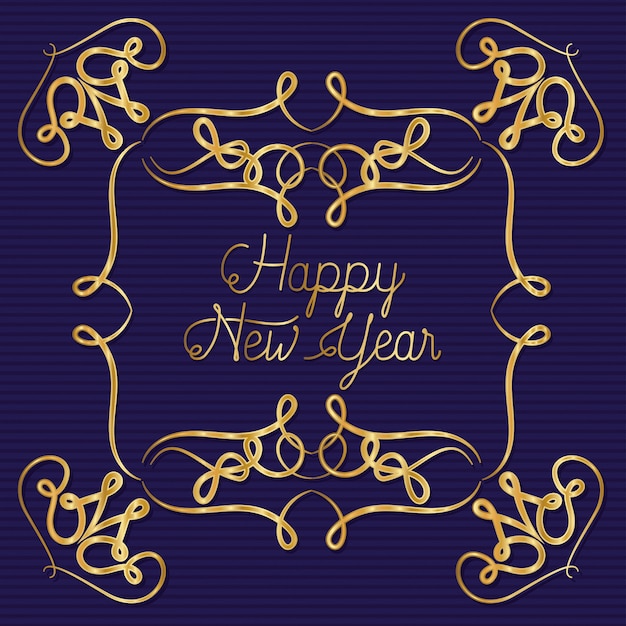 Feliz año nuevo en marco de oro de ornamento sobre fondo azul rayado