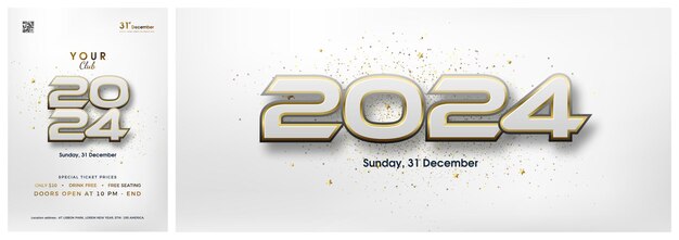 Feliz año nuevo moderno 2024 con números blancos modernos envueltos en oro lujoso fondo vectorial Premium 2024