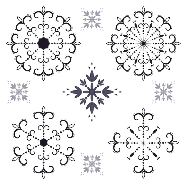 Feliz año nuevo y navidad colección set dibujados a mano. copos de nieve decorativos calados con rizos. vector para su diseño.