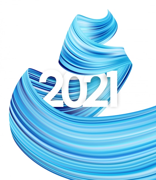 Feliz año nuevo. Número de 2021 con forma de trazo de pintura de color azul retorcido. Diseño de moda