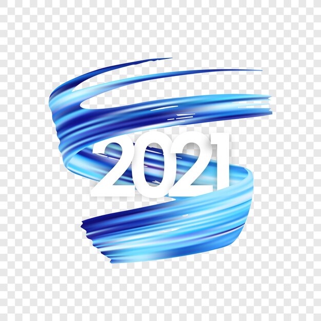 Feliz año nuevo. Número de 2021 con forma de trazo de pintura de color azul retorcido.