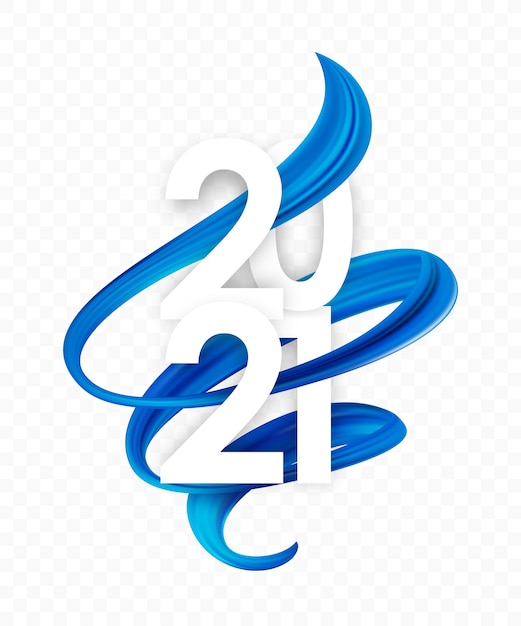 Feliz año nuevo. Número de 2021 con forma de trazo de pintura retorcida abstracta azul. Diseño de moda